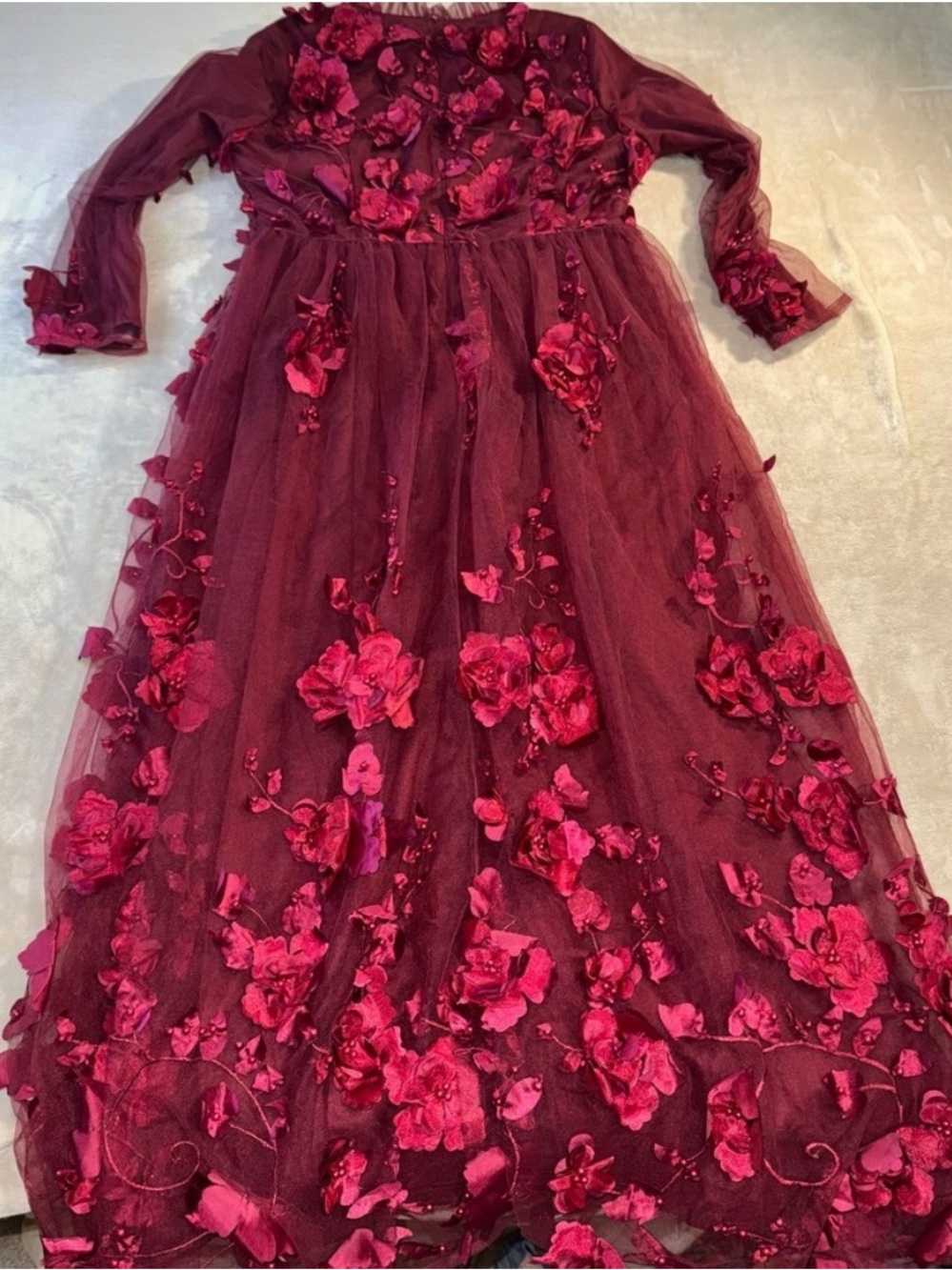 Dainty Jewells Burgundy Maxi Dress with Fuchsia Floral Appliqués